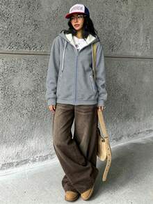 Women's Thermal Lined Thick Lamb Wool Hooded Sweatshirt Jacket, Warm Zipper Sweatshirt Top For Autumn/Winter - Grey - View 3
