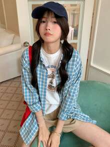 Blue Plaid Shirt Jacket Korean Style Fashion Loose Long Sleeve Casual Top - Baby Blue - View 6