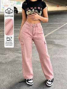 Washed Loose Straight Leg Cargo Denim Pants, All-Match Classic Style Women's Casual Everyday Versatile Pants - Pink - View 1