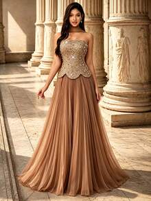 Autumn/Winter Elegant Strapless Faux Pearl Embroidered Fishbone Patchwork Pleated Chiffon Faux Two Pieces Maxi Dress With Neck Scarf, Suitable For Party And Wedding - Khaki - View 5