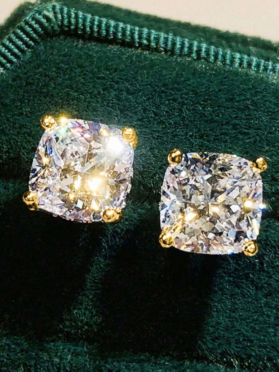 1 Pair Square Zirconia Men's Stud Earrings Silver Plated Couple Jewelry Music Festival Daily Wear Anniversary Birthday Gift For Boyfriend - Earrings - View 1