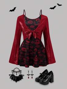 Halloween Teen Girls Fashion Knit Shiny Jacket And Skull Print Cami Dress 2 Pieces Set - Burgundy - View 2