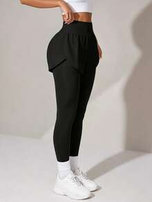 Women's High Elasticity Long Knit Fabric Leggings With Skirt Hem, Suitable For Daily Wear, Fashionable And Versatile - Black - View 1