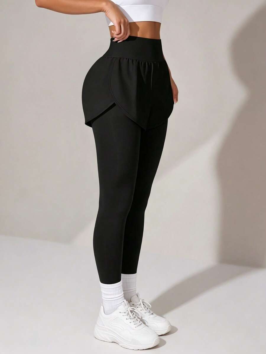 Women's High Elasticity Long Knit Fabric Leggings With Skirt Hem, Suitable For Daily Wear, Fashionable And Versatile - Black - View 1
