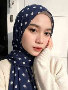 1PC Women's New Navy Blue Polka Dot Print Headscarf, Polka Dot, Voile Hijab, Lightweight Soft Comfortable Breathable Long Scarf, High-End Digital Print Fashion Versatile Polka Dot Scarf, Scarfs For Woman, Multi-Functional Accessory Long Scarf, Suitable For Daily Outings, Walking, Shopping, Etc., All Seasons - Navy - View 2