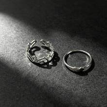 1set Minimalist Fashionable Ins Cold Tone Metal Geometric & Heart Shaped Hollow Out Adjustable Ring Set For Women Valentines - Silver - View 3