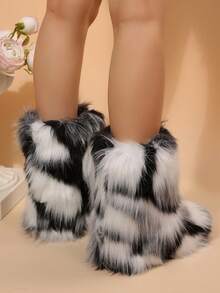FVPFVP Gal Style Cute Niche Shibuya Girl Fur Boots Warm Tall Mid-Calf Winter Personalized Snow Boots For Women - Black and White - View 6