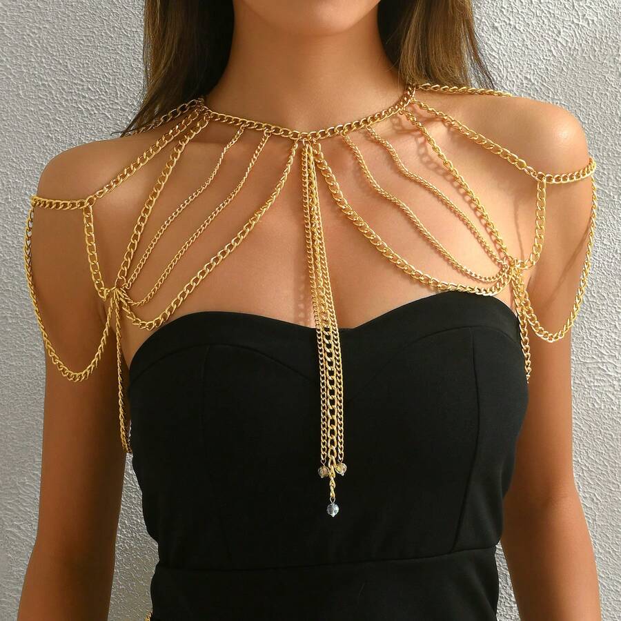 1pc Heart & Thorn Metal Shoulder Chain Accessory, Niche 3D Pendant, Dark Style Nightclub Photo Outfit Chain - Gold - View 1