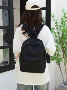 1 pieza Mochila clásica de estudiante de gran capacidad y unicolor para mujer, bolso versátil para ir al trabajo con múltiples bolsillos - Negro - Ver 4