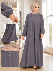 Women's Casual Retro Solid Color Round Neck Long Loose Muslim Robe Spring Fall - Grey - View 3