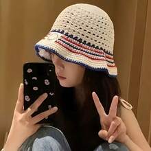 Korean Style Striped Women's Bucket Hat, Summer Versatile Hollow Out Breathable Sun Protection Hat, Suitable For Spring And Summer, Casual Outdoor Hat - Multiple Styles - View 3