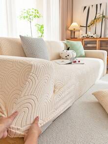 1pc Geometric Line Jacquard Fleece Sofa Cover, Minimalist Elastic One-Piece Sofa Slipcover, Pet-Friendly Anti-Slip Anti-Dirt, Machine Washable, Full Coverage Sofa Protector For All Seasons, Includes 45*45cm Pillowcase - Beige - View 7
