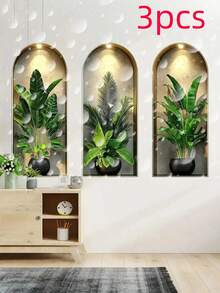 1/3pcs Arched Wall Niche Tropical Plant Wall Decal, Faux Gold Edge Recessed Shelf, Banana Palm Leaf Print, Removable Vinyl Sticker, Living Room Sofa Background Wall Home Decor Gift - A - View 14