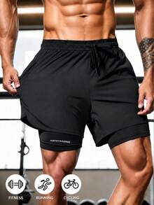 Men's 2-In-1 Outdoor Casual Shorts For Summer, Adjustable Drawstring Waistband, Comfortable & Breathable Sports - Black - View 5