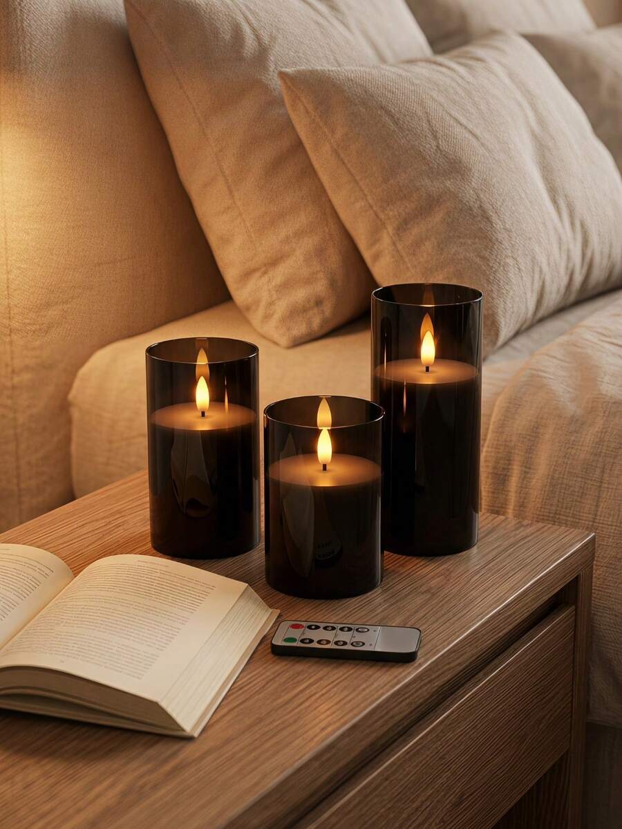 3pcs Black Flat-Top Flickering Acrylic Flameless Candles With 3D Wick, Battery Operated, Remote Control, Timer, Suitable For Home Decor, Bathroom, Study, Wedding, Garden, Autumn, Halloween, Christmas - Black - View 1