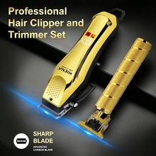 HIENA 3-In-1 Gold Hair Clipper & Grooming Set, LCD Display USB Rechargeable Hair Clipper, Zero Gap T-Blade Trimmer And Foil Electric Shaver, 8 Guide Combs Full Salon Accessories, Suitable For Fade Haircut, Bald Head, Beard Shaving, Men's Gift - Gold - View 4