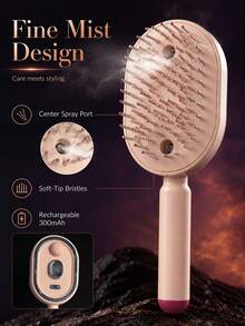 3-In-1 Electric Mist Detangling Brush With Self-Cleaning Design, Fine Mist Evenly Moisturizes Hair To Help Detangle And Smooth Frizzy Hair, Portable Hair Styling Tool For Daily Grooming, Suitable For Home And Travel, Fits Long, Short, Straight, And Curly Hair For Daily Styling - Multicolor - View 3