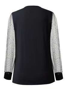 Plus Size Women's V-Neck Mesh Long Sleeve T-Shirt, Casual Summer/Autumn Top - Black - View 4