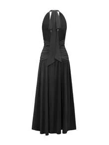Elegant Women's Black Halter Neck Knit A-Line Maxi Dress, Suitable For Formal Occasions, Sleeveless Slightly Elastic Fabric, Comfortable All Day - Black - View 4