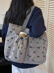 1件多用途大容量多口袋蝴蝶結圖案肩背托特包，適合旅行、購物、度假，可收納筆電、教科書、衣物 - 灰色 - 查看 2