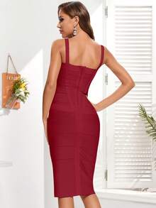Women's New Sexy Spaghetti Strap Elastic Sleeveless Bandage Midi Dress - Burgundy - View 9