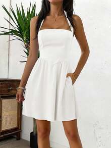 Women Fall White Halter Mini Dress,Square Neck Backless Flared Skirt For Back To School Vacation Birthday Going Out - White - View 7