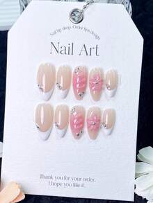 10pcs Handmade Press-On Nails, Short Almond Shape White False Nails, Gradient Pink Swirl Texture, Embellished With 3D Pink Flowers And Center Crystal Rhinestones, Suitable For Office Commute And Romantic Date Occasions - 淺粉色 - 查看 11