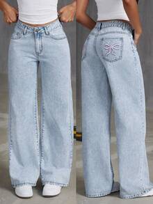 Teen Girls Loose Fit Bow Print Denim Wide Leg Pants - Light Wash - View 1