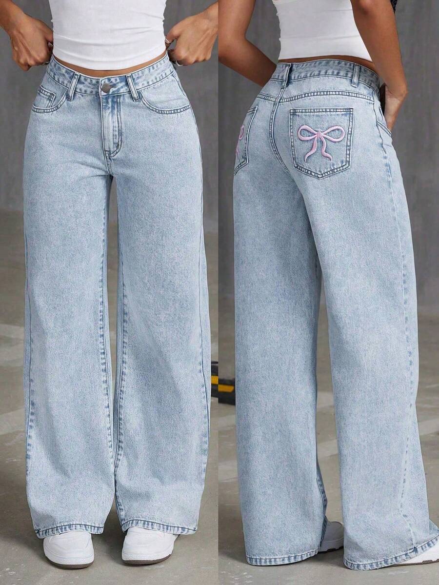 Teen Girls Loose Fit Bow Print Denim Wide Leg Pants - Light Wash - View 1
