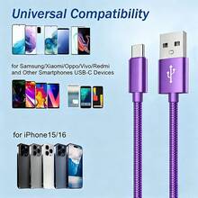 3入快充 USB-A 轉 USB-C 數據線，編織尼龍耐用手機充電線，多種長度可選 3ft 6ft 10ft，相容 及其他 Android 手機，適用於 iPhone 與 Android 設備，適用於汽車配件/旅行必需品/桌面配件/藍色 - 藍色+紫色+白色 - 查看 8