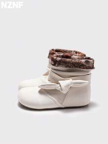 NZNF 1 Pasang Sepatu Bot Ankle Wanita Warna Polos dengan Pita Bulu Imitasi Halus untuk Musim Semi dan Gugur, Cocok untuk Aktivitas Luar Ruangan - Putih - View 2