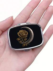 1pc Exquisite Black & Gold Rose Pattern Square Portable Metal Pill Box, Dual Compartment Small Item Storage Box, Suitable For Pills, Vitamins, Earrings, Rings, Pocket Size, Travel Bag - Multicolor - View 8