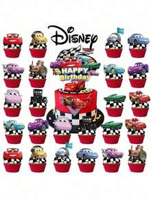 DOBBLE Juego de adornos para tartas con patrón de coche de carreras de dibujos animados, estilo bandera a cuadros, adornos para cupcakes de feliz cumpleaños para fiesta temática de carreras para niños - Multicolor - Ver 7