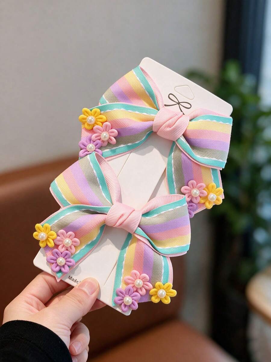 2PCS Girls Flower Bow Hair Clips, Exquisite Pearl Bow Hairpins, Fashion Multicolor Striped Hair Bows, For Daily And Holiday, Girly Hair Accessories - Multicolor - View 1