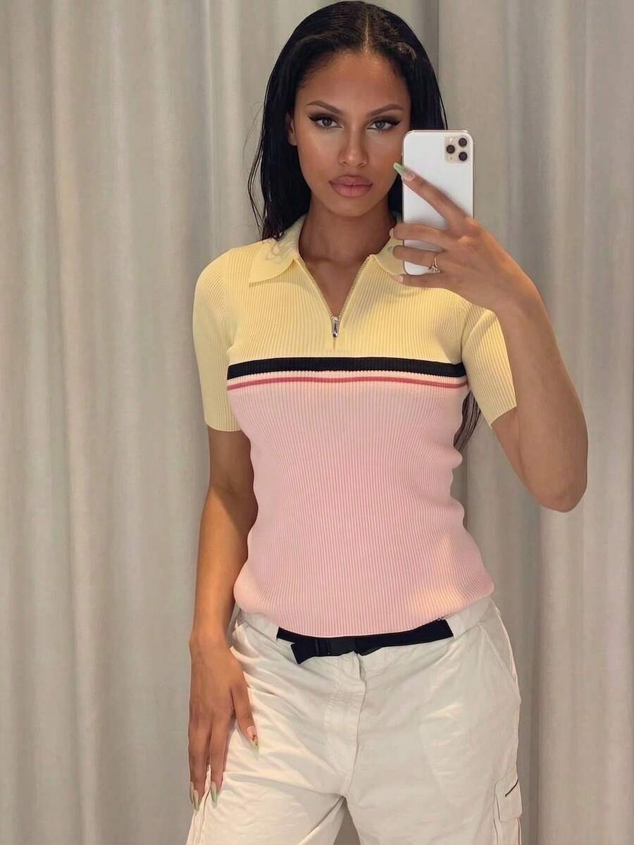 女士极简优雅性感森系学院风针织上衣，春夏粉色