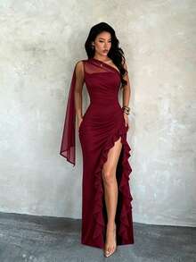 Women's One Shoulder Mesh Slit Formal Long Dress, Suitable For Wedding Guest, Prom, Homecoming, Evening Party, Wine Red Elegant Outfit - Burgundy - View 1