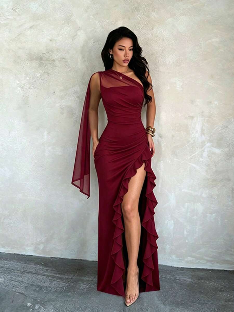 Women's One Shoulder Mesh Slit Formal Long Dress, Suitable For Wedding Guest, Prom, Homecoming, Evening Party, Wine Red Elegant Outfit - Burgundy - View 1