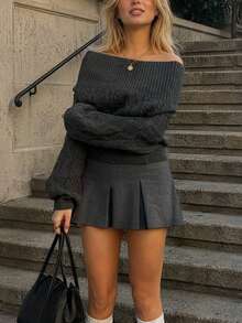 Women's Knitted Off-Shoulder Sweater, Long Raglan Sleeve Regular Length Pullover, Suitable For Autumn Wear - Grey - View 9