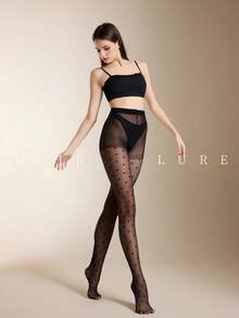 MOIRÉALLURE 1pc Solid Color Suitable For Daily Life Fashion Jacquard Tights - Black - View 7