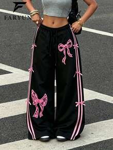 American Style Bow Striped High Waist Drape Loose Wide Leg Casual Sweatpants For Daily Commute - Black - View 5