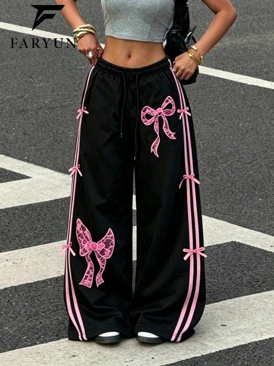美式蝴蝶結條紋高腰垂墜寬鬆闊腿休閒運動長褲，適合日常通勤 - 黑色 - 查看 1