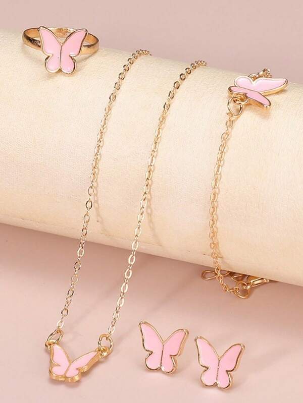 2026 New 4pcs/Set Fashion Butterfly Necklace Set, Alloy Oil-Drip Pink Women's Jewelry Set
