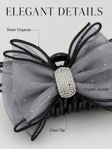1pc Women's Oversized Bow Hair Claw Clip, Black/Grey Tulle Layered Bow Hair Clip With Rhinestone Center, Strong Grip, Suitable For Updo Hairstyles, Daily Wear, Wedding, Party, Date, Summer Outings, Also As Holiday Gift - Multicolor - View 10