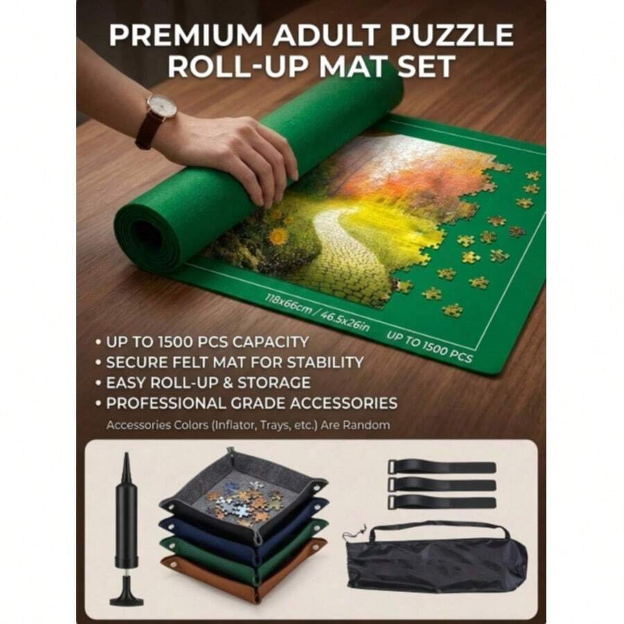 1 Set Rollable Felt Puzzle Storage Mat, Can Hold Up To 1500 Pieces, Size 46" X 26", Portable Puzzle Storage Pad With Air Tube And Drawstring Bag, Non-Slip Felt Puzzle Board, Suitable For Adults, Christmas/Halloween/Holiday Gift, Black & Green. (Accessories - Random Style/Color) (Handmade Measurement May Vary Slightly)