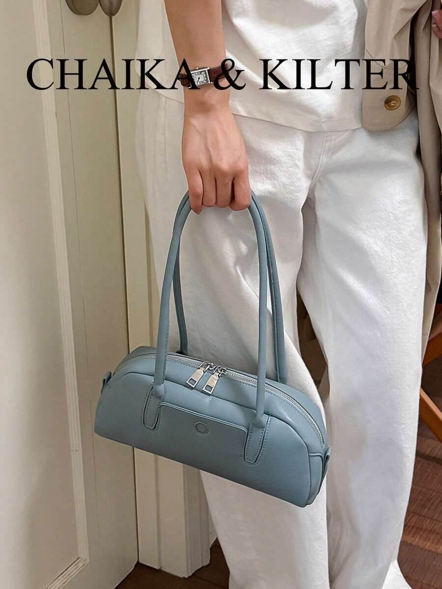 CHAIKA & KILTER 1pc Solid Color PU Fabric Women's Fashion Shoulder Boston Bowling Bag With Metal Eyelet Decor, Dual Handle Design And Zipper Closure, Suitable For Daily And Street Use