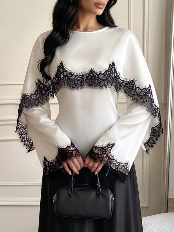 Women's Spring/Autumn White Apricot Smooth Satin Eyelash Lace Patchwork Flare Sleeve Back Tie Slim Fit Blouse, Elegant Gentle Commute Shirt Vacation