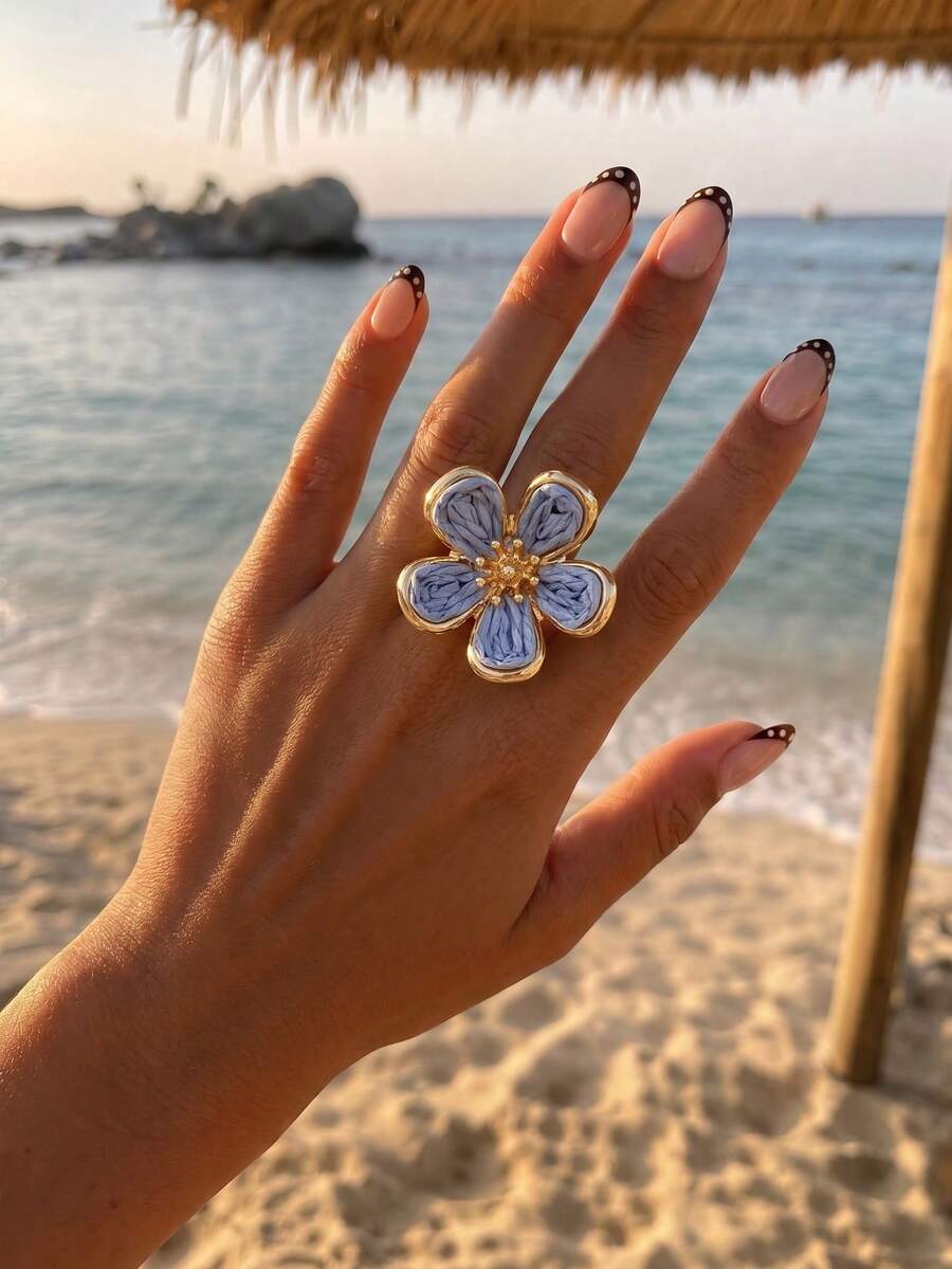 1 pieza Anillo abierto de flor de rafia estilo pastoral fresco, joyería versátil azul para mujer para viajes y desplazamientos - Azul - View 1