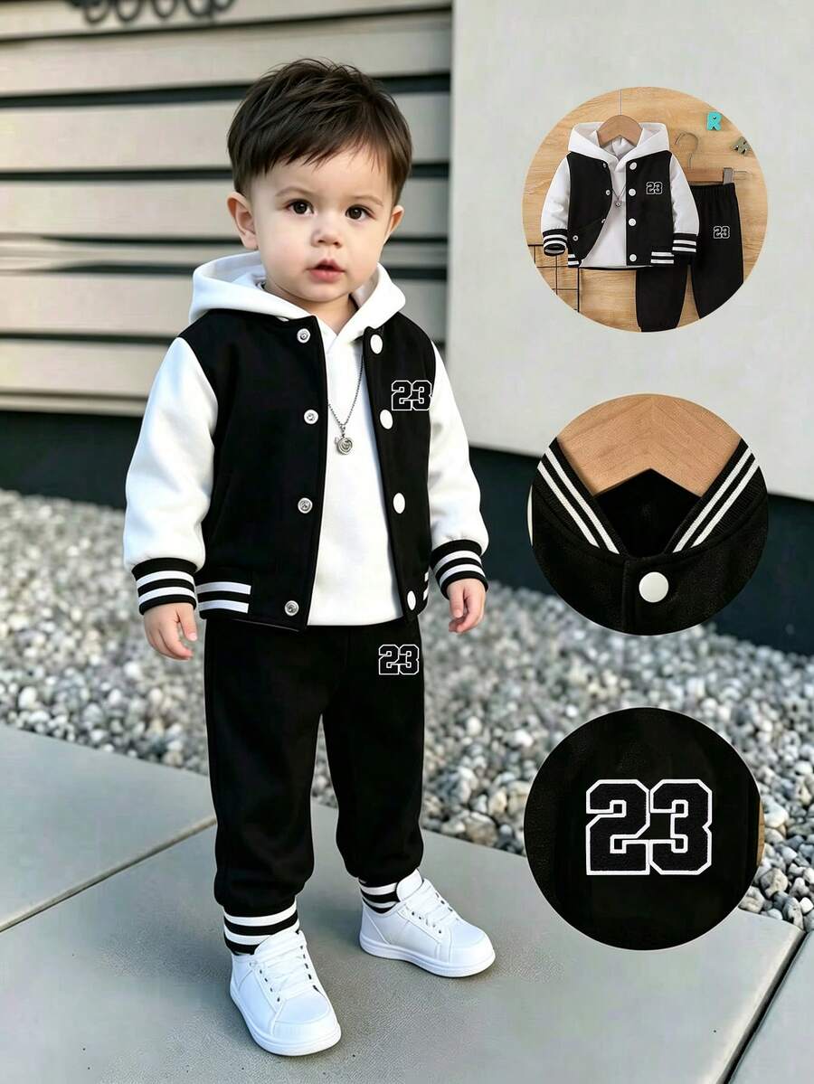 Young Boy Number Print Baseball Collar Warm Sweatshirt And Pants Set - Black - View 1