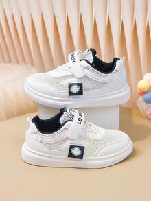 Tênis Brancos Infantis de Verão com Malha Respirável e Vazada, Sapatos Casuais com Gancho e Laço de Peixe Cartoon, Sapatos Esportivos da Moda - Preto - Visão 4