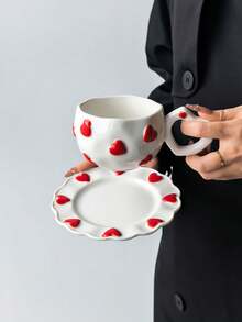 1 Set 3D Colorful Heart-Shaped Ceramic Coffee Cup And Saucer Set, INS Cute Style Embossed Heart Mug With 6-Inch Ruched Edge Plate, Suitable For Coffee, Tea, Commercial Use, All-Season Cup And Saucer - Multicolor - View 14